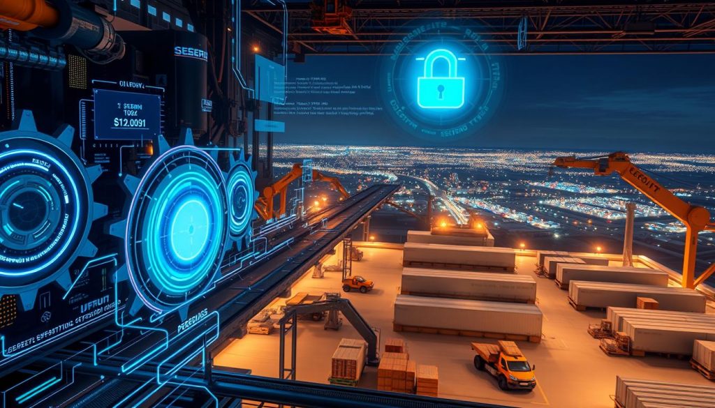A secure supply chain with interlocked gears, conveyor belts, and robotic arms against a backdrop of a futuristic industrial landscape. Bright LED lights and holographic displays provide real-time data on inventory levels, shipment tracking, and cybersecurity alerts. In the foreground, a network of encrypted data streams and firewall icons symbolize the protective measures in place. The middle ground features warehouses with reinforced security doors and surveillance cameras monitoring every access point. The distant horizon shows a sprawling metropolis, hinting at the broader ecosystem this supply chain serves. The overall atmosphere conveys a sense of technological sophistication, efficiency, and resilience in the face of potential cyber threats.