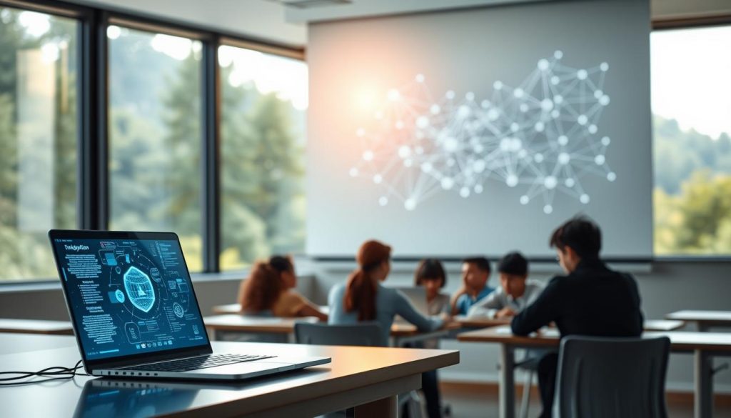 A serene and minimalist scene of a classroom setting, with a large window overlooking a lush, verdant landscape. In the foreground, a sleek and modern desk with a laptop computer and a floating holographic display, showcasing intricate data visualizations and secure network connections. The middle ground features a group of students engaged in collaborative learning, their faces lit by the warm, diffused lighting from the window. In the background, a large wall-mounted display projects a striking, abstract visualization of interconnected data streams, representing the secure and ethical integration of AI technology within the educational ecosystem. The overall atmosphere conveys a sense of balance, security, and the seamless fusion of technology and pedagogy. A serene and minimalist scene of a classroom setting, with a large window overlooking a lush, verdant landscape. In the foreground, a sleek and modern desk with a laptop computer and a floating holographic display, showcasing intricate data visualizations and secure network connections. The middle ground features a group of students engaged in collaborative learning, their faces lit by the warm, diffused lighting from the window. In the background, a large wall-mounted display projects a striking, abstract visualization of interconnected data streams, representing the secure and ethical integration of AI technology within the educational ecosystem. The overall atmosphere conveys a sense of balance, security, and the seamless fusion of technology and pedagogy.