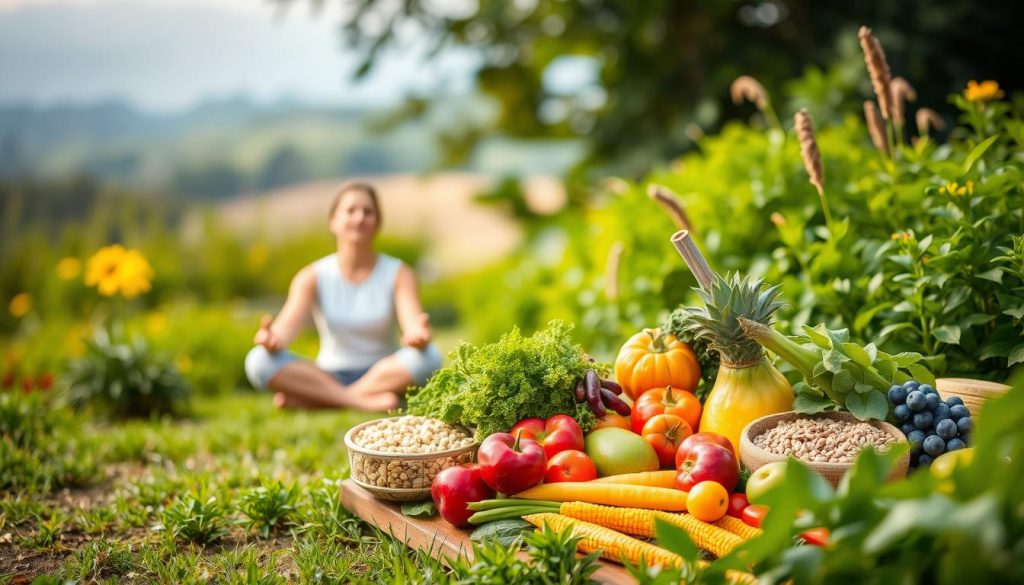 A serene garden setting, with lush greenery and soothing colors. In the foreground, a person sits cross-legged, eyes closed, engaging in mindful meditation. The middle ground features a variety of fresh, whole foods - vibrant fruits, vegetables, and grains - arranged in a visually appealing manner. The background depicts a calming, out-of-focus landscape, with soft, diffused lighting creating a tranquil atmosphere. The overall composition conveys a sense of balance, harmony, and the connection between mental well-being and a nutritious diet.