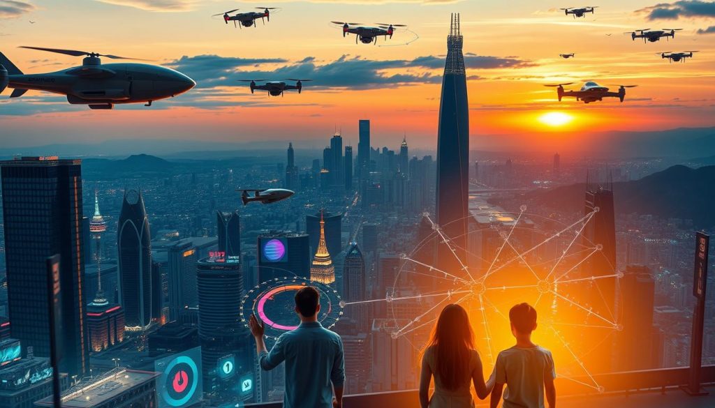 A sleek, futuristic cityscape bathed in a warm, vibrant glow. In the foreground, a family interacts with holographic displays, controlling smart home devices and accessing real-time data. Overhead, autonomous flying vehicles dart through the sky, while robots and drones go about their tasks. In the middle ground, gleaming skyscrapers and towering megastructures rise, reflecting the cityscape. The background is a panoramic vista of rolling hills and a vibrant sunset, hinting at a world seamlessly integrated with cutting-edge AI-powered technology. The entire scene exudes a sense of wonder, progress, and the promise of a technologically advanced future.
