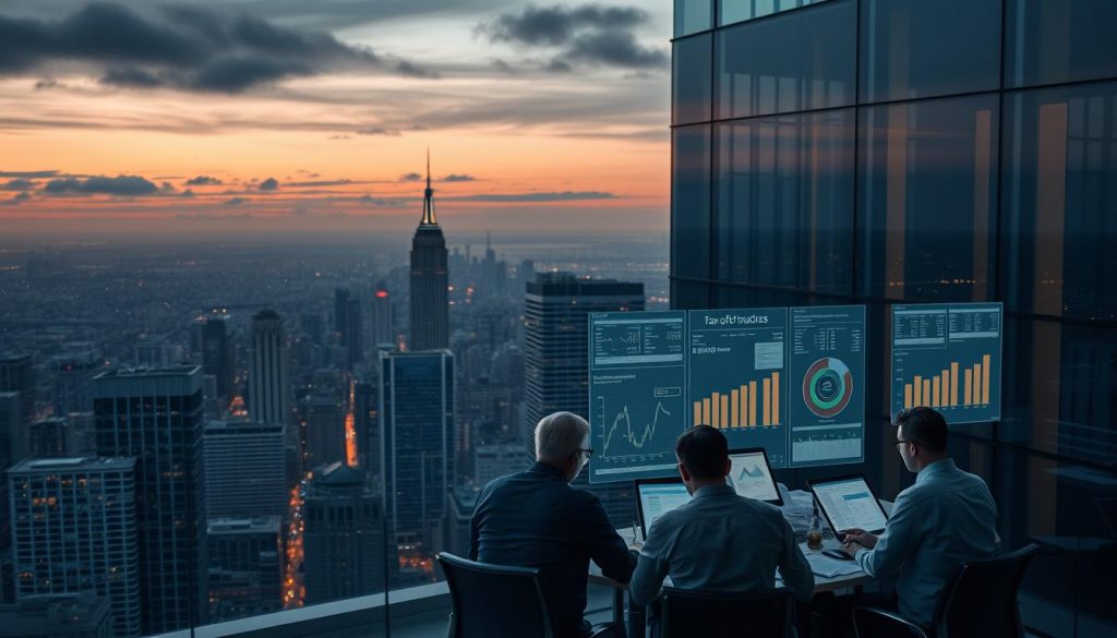 A sprawling city skyline at dusk, with a focal point on a glass-walled office building. Muted tones of gray, blue, and orange cast a contemplative atmosphere. Inside the office, a team of financial analysts pore over spreadsheets and documents, their faces illuminated by the glow of their screens. Projected graphs and charts fill the walls, visualizing the potential impacts of tax policy changes. An air of cautious uncertainty pervades the room as they assess the likelihood of various scenarios. The scene evokes the complexity and gravity of the task at hand - forecasting the economic implications of new tax legislation.