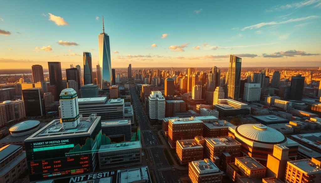 A sweeping aerial view of a bustling pharmaceutical sector, with towering skyscrapers and modern research facilities against a backdrop of a vibrant cityscape. The scene is bathed in warm, golden light, casting long shadows that convey a sense of growth and optimism. In the foreground, stock tickers and financial data flow across a holographic display, showcasing the sector's resurgence. The image captures the energy and dynamism of the pharmaceutical industry's market rally, reflecting the industry's pivotal role in the FTSE 100's record high performance.