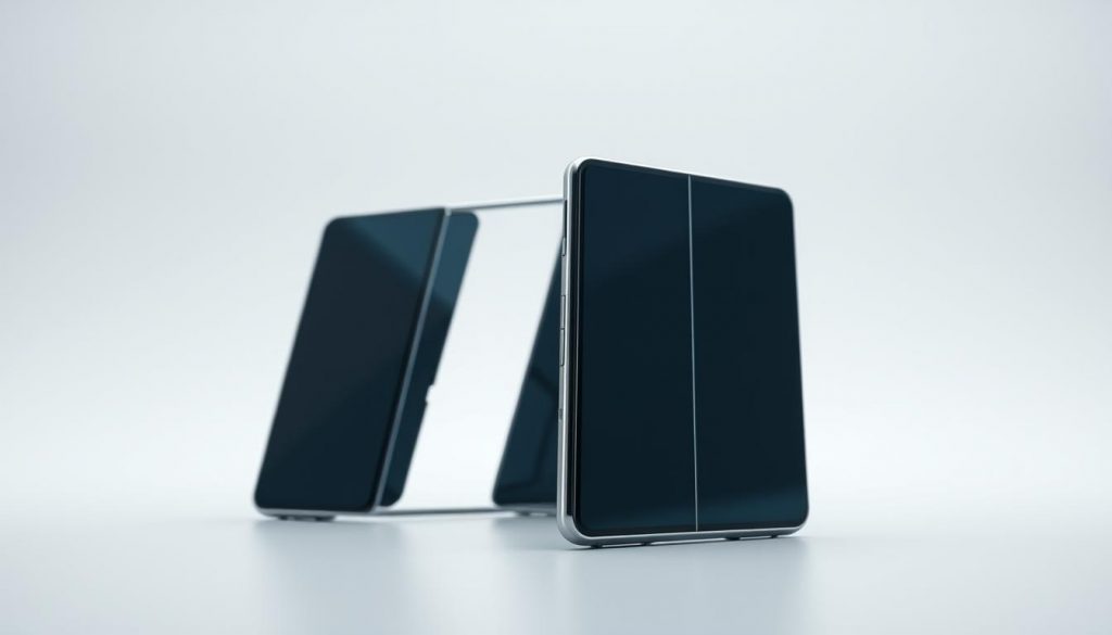 A tri-fold smartphone design by Samsung, featuring a sleek metallic frame and a seamless glass display that folds into a compact form. The device is captured in a well-lit studio setting, with a soft, diffused lighting creating a premium, high-end aesthetic. The camera angle is slightly elevated, showcasing the tri-fold mechanism in all its glory, highlighting the precise engineering and attention to detail. The background is a neutral, minimalist backdrop, allowing the smartphone to be the central focus. The overall mood is one of sophistication and technological innovation, reflecting the cutting-edge nature of this Samsung design.