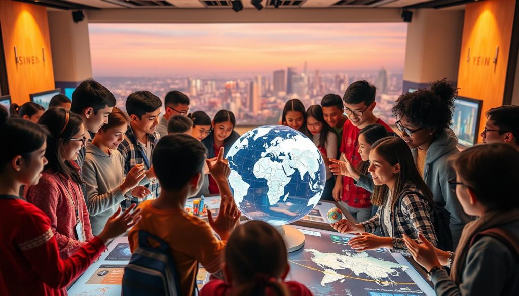 A vibrant global network of diverse learners, connected by technology, exploring cultural traditions and exchanging knowledge. Warm, soft lighting illuminates a central hub of interactive displays, 3D models, and virtual experiences. In the foreground, students from various backgrounds collaborate on interactive learning stations, gesturing animatedly. The middle ground features holographic globes and data visualizations, showcasing the interconnectedness of cultures and educational opportunities worldwide. The background depicts a panoramic view of cityscapes and landscapes, representing the worldwide reach of this inclusive, technology-empowered learning environment. A vibrant global network of diverse learners, connected by technology, exploring cultural traditions and exchanging knowledge. Warm, soft lighting illuminates a central hub of interactive displays, 3D models, and virtual experiences. In the foreground, students from various backgrounds collaborate on interactive learning stations, gesturing animatedly. The middle ground features holographic globes and data visualizations, showcasing the interconnectedness of cultures and educational opportunities worldwide. The background depicts a panoramic view of cityscapes and landscapes, representing the worldwide reach of this inclusive, technology-empowered learning environment.