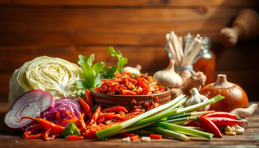 A vibrant still life showcasing the diverse health benefits of kimchi, set against a warm, rustic backdrop. In the foreground, an array of fresh, colorful kimchi varieties - cabbage, radish, scallions - arranged artfully. In the middle ground, a selection of complementary superfoods like ginger, garlic, and chili peppers, highlighting kimchi's synergistic properties. The background features a softly-lit, earthy setting, perhaps a wooden table or kitchen counter, conveying a sense of nourishment and wellness. Warm, natural lighting casts a golden glow, emphasizing the vibrancy and richness of the ingredients. The overall mood is one of abundance, vitality, and the promise of holistic health benefits beyond just the heart.