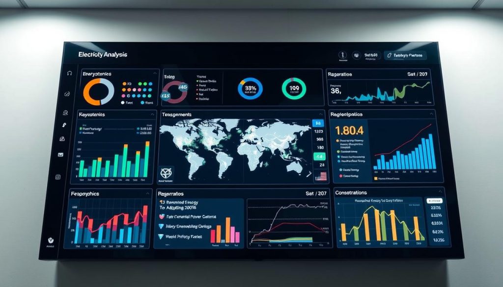 A visually captivating data visualization dashboard showcasing comprehensive electricity analysis from 88 countries. The dashboard features a sleek, minimalist design with clean typography and intuitive data visualizations. The foreground displays neatly organized charts, graphs, and infographics presenting key energy metrics, consumption patterns, and renewable energy adoption rates. The middle ground depicts a global map with animated data points highlighting regional power generation and distribution. The background features a subtle gradient or texture, creating a professional, high-tech ambiance. The lighting is soft and directional, accentuating the clarity and precision of the data insights. The camera angle is slightly elevated, giving a bird's-eye view for maximum impact and comprehension.