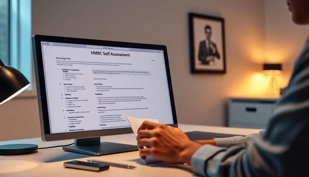 A well-lit office setting with a modern, minimalist desk and computer. On the screen, a detailed registration form for the HMRC Self Assessment process. In the foreground, a person's hands thoughtfully filling out the form, with a focused, determined expression. Subtle ambient lighting casts a warm glow, creating a calm, professional atmosphere. The background features simple decor, with a framed certificate or document hinting at the user's expertise. The overall scene conveys the seriousness and importance of the registration task, while maintaining a sense of organized efficiency.