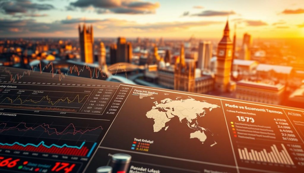 Detailed UK economic trends market analysis, showcased through a dynamic data visualization. In the foreground, a holistic dashboard with line graphs, bar charts, and financial indicators tracking the FTSE 100's performance, inflation, GDP growth, and other key metrics. The middle ground features a world map with regional economic data and trade flows. In the background, a panoramic view of the London skyline, bathed in warm, golden hues that evoke a sense of stability and prosperity. The composition is crisp, with a cinematic depth of field and subtle lens flare effects, creating an authoritative, professional atmosphere suitable for a high-quality business publication.