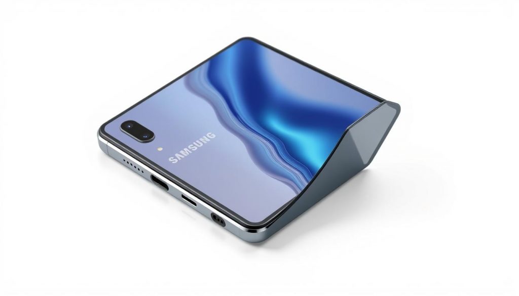 High-detailed close-up photograph of a tri-fold Samsung smartphone with a folding OLED display, sleek metallic body, and advanced camera module. The device is displayed against a clean white background, illuminated by soft, diffused studio lighting that highlights the premium materials and intricate design elements. The image showcases the smartphone's impressive screen real estate when fully unfolded, as well as the seamless hinge mechanism that allows the device to transform between compact and expanded states. Technical details such as the phone's thickness, button placements, and port selection are clearly visible, providing a comprehensive look at the smartphone's key features and capabilities.