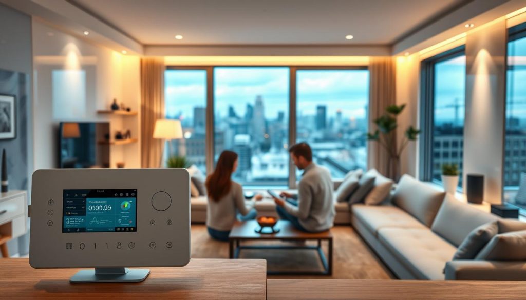 Prompt A modern, well-appointed British smart home interior, with a central focus on cutting-edge AI-powered home automation devices and systems. The foreground features a sleek, minimalist control panel against a backdrop of seamlessly integrated smart lighting, appliances, and security systems. The middle ground showcases a family relaxing and interacting with voice-controlled smart home features, while the background depicts a panoramic view of the city skyline through large windows, conveying a sense of technological progress and urban living. The lighting is warm and inviting, with a touch of futuristic elegance, capturing the growth and adoption of AI-powered lifestyle products in the UK market.
