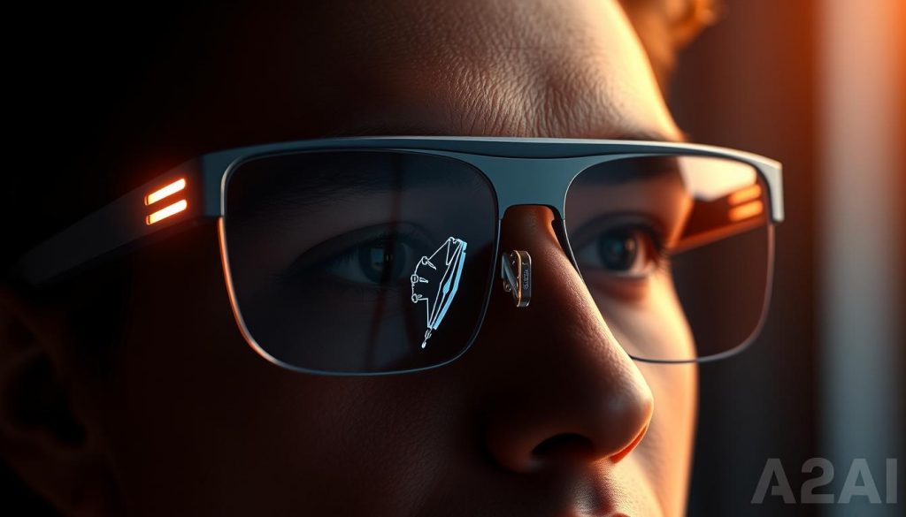 Sleek and futuristic smart glasses design concepts, showcasing a seamless fusion of advanced technology and elegant aesthetic. A minimalist frame accentuates the high-tech lenses, reflecting a refined, intelligent look. Subtle light accents along the temples emit a soft, ambient glow, hinting at the glasses' AI capabilities. The frames are crafted from premium materials, exuding a premium, sophisticated vibe. The lenses feature a subtle tint, offering both style and functionality. The design evokes a sense of effortless sophistication, perfectly complementing the modern, tech-savvy individual. Dramatic lighting highlights the intricate details, creating an air of mystery and innovation.