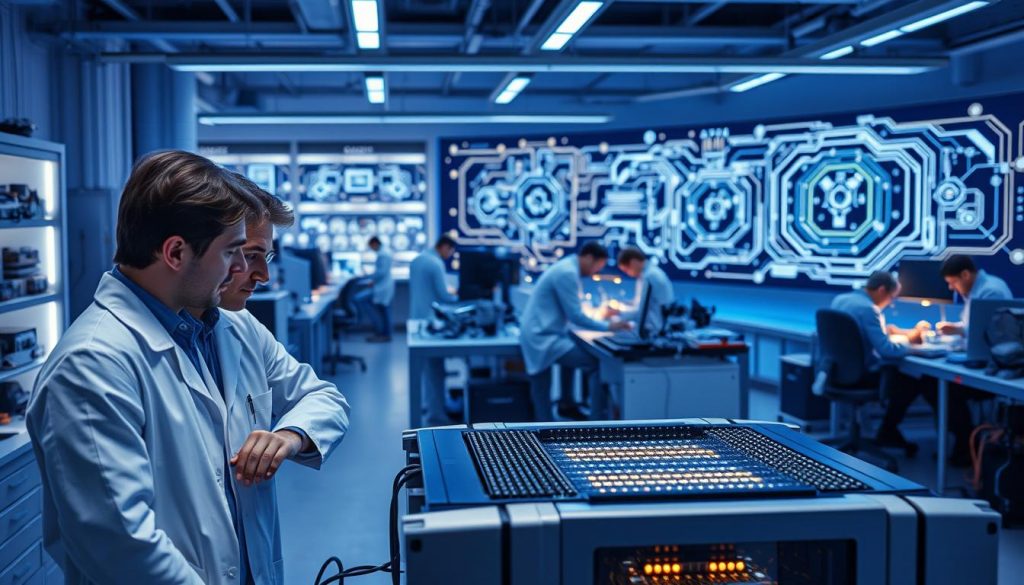A bustling scientific laboratory, bathed in a soft glow of blue-tinted lighting. In the foreground, two scientists in white coats lean over a sleek quantum computer, their expressions intense as they collaborate on a groundbreaking research project. In the middle ground, a team of engineers and technicians work diligently on intricate quantum hardware, while in the background, a wall-sized display showcases a complex quantum circuit diagram, hinting at the cutting-edge nature of the work being done. The overall atmosphere exudes a sense of innovation, exploration, and the boundless potential of quantum technology to transform business capabilities. A bustling scientific laboratory, bathed in a soft glow of blue-tinted lighting. In the foreground, two scientists in white coats lean over a sleek quantum computer, their expressions intense as they collaborate on a groundbreaking research project. In the middle ground, a team of engineers and technicians work diligently on intricate quantum hardware, while in the background, a wall-sized display showcases a complex quantum circuit diagram, hinting at the cutting-edge nature of the work being done. The overall atmosphere exudes a sense of innovation, exploration, and the boundless potential of quantum technology to transform business capabilities.