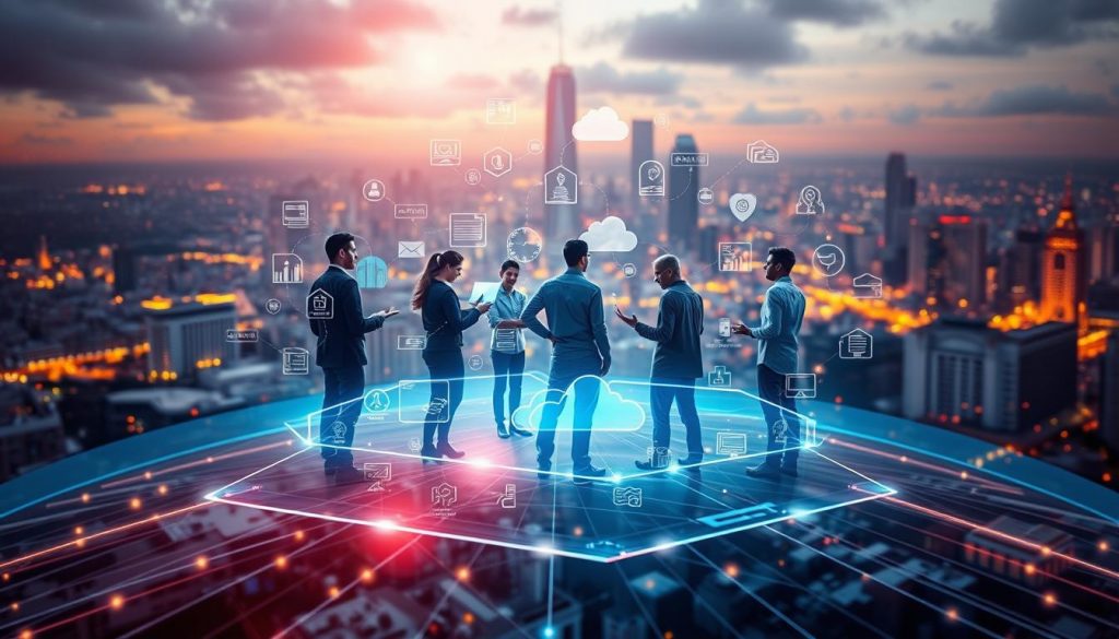 A dynamic digital landscape with a small-to-medium enterprise (SME) at the center, undergoing a transformative process. In the foreground, a team of diverse professionals collaborating on a holographic interface, seamlessly integrating new technologies. The middle ground features various cloud-based applications and software tools, symbolizing the integration of digital solutions. The background showcases a cityscape, conveying the broader economic context and the importance of digital adaptation for SMEs. Warm lighting, a sense of motion, and a forward-looking atmosphere permeate the scene, capturing the essence of digital transformation for SMEs.