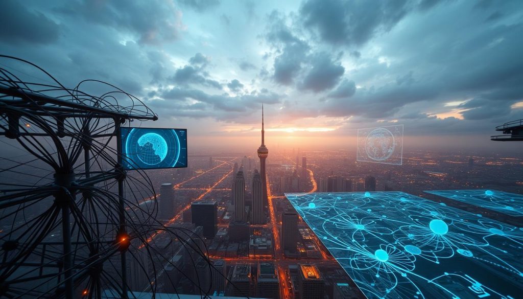 A futuristic architecture of a Functional Generative Network weather system. In the foreground, a sleek, modular framework of metallic nodes and interconnected cables, pulsing with dynamic energy. The middle ground features holographic displays depicting real-time weather data, visualized through intricate data visualizations and dynamic simulations. In the background, a panoramic cityscape under a dramatic, ethereal sky, illuminated by a soft, ambient glow. The scene conveys a sense of technological sophistication, seamless integration, and the cutting edge of meteorological forecasting. Captured with a wide-angle lens, the image has a cinematic, immersive quality, showcasing the scale and complexity of this advanced weather architecture.