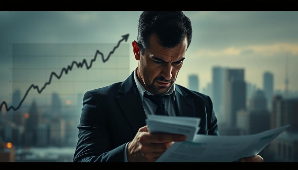 A high-contrast, cinematic view of an SME's financial vulnerability to rising interest rates. In the foreground, a businessperson anxiously examining financial statements, brow furrowed, surrounded by a haze of uncertainty. In the middle ground, a graph depicting sharply spiking interest rates, casting an ominous shadow over the scene. The background is a blurred cityscape, conveying the broader economic context. Dramatic lighting casts deep shadows, creating a sense of tension and foreboding. The overall tone is one of concern and apprehension, reflecting the challenges SMEs face in navigating volatile interest rate environments.