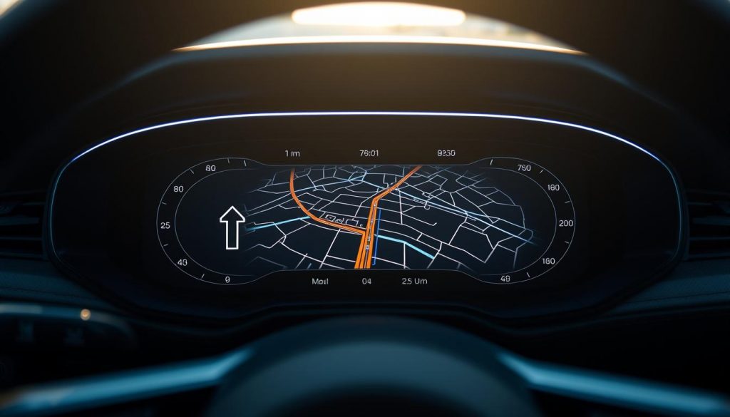 A high-resolution, close-up view of the Polestar 4's sleek and minimalist instrument cluster display. The display features a crisp, vibrant OLED screen with a clean, modern interface. The screen showcases a vivid, high-contrast rendering of a real-time navigation map, seamlessly integrating with the vehicle's intelligent driving systems. Bright, diffused lighting illuminates the display, creating a striking, futuristic aesthetic. The surrounding dashboard is made of premium, tactile materials, complementing the display's sophisticated design. The overall scene conveys a sense of advanced technology and uncompromising attention to detail, reflecting the Polestar 4's position as a trailblazer in automotive innovation.