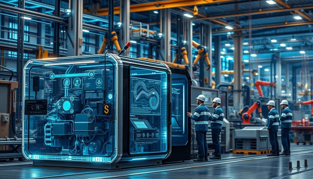 A highly detailed and technologically advanced scene depicting the concept of predictive maintenance AI. In the foreground, a sleek and modern industrial machine with various sensors and monitoring equipment. The machine is encased in a transparent housing, allowing viewers to see the inner workings and diagnostic data displayed on holographic screens. In the middle ground, a team of technicians in protective gear interacts with the machine, analyzing the data and making adjustments. The background features a futuristic industrial facility, with towering robotic arms, conveyor belts, and other advanced manufacturing equipment. The lighting is a combination of cool, technical blues and warm, ambient tones, creating a sense of balance and technological prowess. The overall atmosphere conveys a sense of innovation, efficiency, and the power of AI-driven predictive maintenance to optimize asset performance and prevent costly failures. A highly detailed and technologically advanced scene depicting the concept of predictive maintenance AI. In the foreground, a sleek and modern industrial machine with various sensors and monitoring equipment. The machine is encased in a transparent housing, allowing viewers to see the inner workings and diagnostic data displayed on holographic screens. In the middle ground, a team of technicians in protective gear interacts with the machine, analyzing the data and making adjustments. The background features a futuristic industrial facility, with towering robotic arms, conveyor belts, and other advanced manufacturing equipment. The lighting is a combination of cool, technical blues and warm, ambient tones, creating a sense of balance and technological prowess. The overall atmosphere conveys a sense of innovation, efficiency, and the power of AI-driven predictive maintenance to optimize asset performance and prevent costly failures.