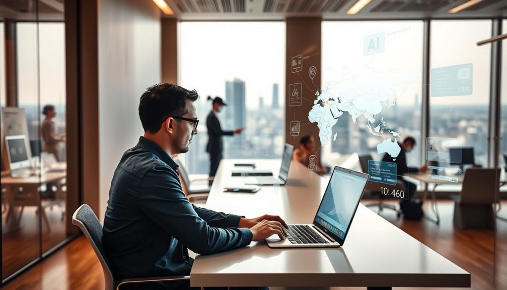 A modern office interior with sleek, minimalist design. In the foreground, a knowledge worker sits at their desk, intently focused on a laptop screen. Their workspace is enhanced by a transparent digital overlay, highlighting metrics, productivity tools, and AI-powered insights. In the middle ground, other workers collaborate seamlessly, their movements and interactions synchronized with the AI co-pilot system. The background depicts a panoramic city view, emphasizing the global, interconnected nature of the workplace. Warm, directional lighting casts a productive glow, while the lens captures a crisp, high-resolution image that conveys the efficiency and sophistication of the AI-augmented knowledge work environment. A modern office interior with sleek, minimalist design. In the foreground, a knowledge worker sits at their desk, intently focused on a laptop screen. Their workspace is enhanced by a transparent digital overlay, highlighting metrics, productivity tools, and AI-powered insights. In the middle ground, other workers collaborate seamlessly, their movements and interactions synchronized with the AI co-pilot system. The background depicts a panoramic city view, emphasizing the global, interconnected nature of the workplace. Warm, directional lighting casts a productive glow, while the lens captures a crisp, high-resolution image that conveys the efficiency and sophistication of the AI-augmented knowledge work environment.