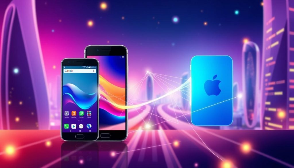 A vibrant, dynamic illustration depicting a seamless cross-platform data transfer. In the foreground, two devices - an Android smartphone and an Apple iPhone - are connected by a glowing, ethereal bridge, symbolizing the breakthrough in interoperability. The devices are set against a backdrop of a sleek, futuristic cityscape, bathed in a warm, ambient lighting that conveys a sense of innovation and progress. In the middle ground, abstract geometric shapes and lines converge, representing the complex technological advancements that enable this cross-platform sharing. The overall composition should convey a sense of harmony, connectivity, and the overcoming of traditional barriers between ecosystems.