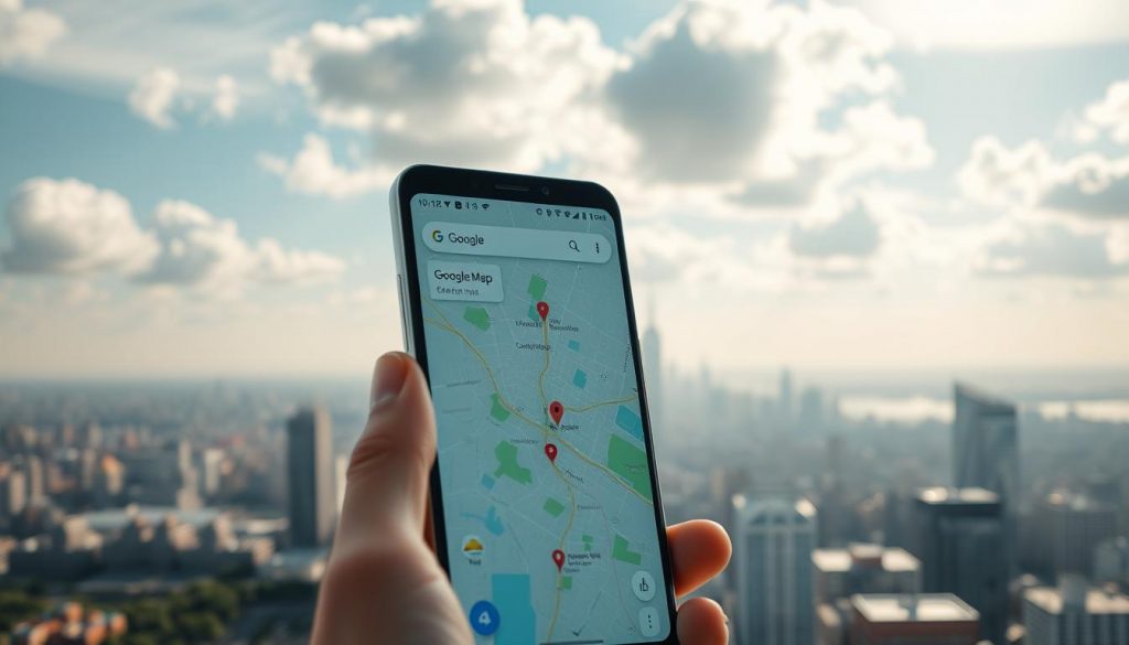 Imagine a world where weather data seamlessly integrates with digital maps, creating a harmonious blend of real-time meteorological information and intuitive navigation. In the foreground, a sleek smartphone screen displays a vibrant Google Maps interface, with weather icons and data overlays providing a comprehensive snapshot of the current conditions. In the middle ground, a cityscape unfolds, with buildings and landmarks rendered in a clean, modern aesthetic. Overhead, the sky is painted with realistic cloud formations, their shadows gently caressing the urban landscape. The lighting is soft and diffused, creating a sense of calm and sophistication. This image represents the future of weather-integrated digital cartography, a testament to the power of AI-driven innovation to enhance our everyday experiences.