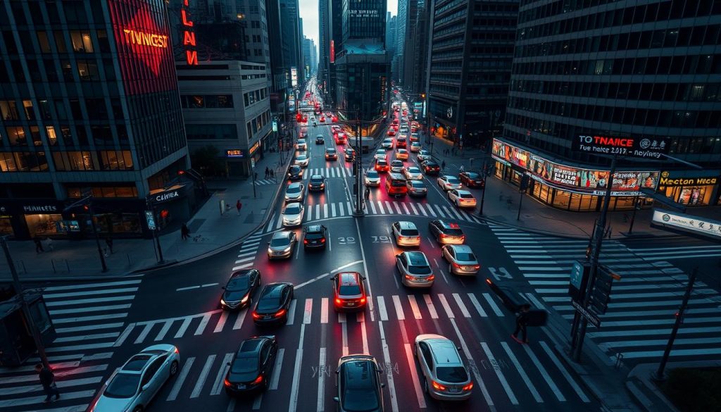 Intricate intersection, bustling with vehicles navigating complex traffic patterns. Towering skyscrapers cast long shadows, creating dramatic chiaroscuro lighting. Sleek, autonomous cars weave effortlessly through the chaos, their sensors guiding them with precision. Pedestrians hurry along the sidewalks, their movements choreographed by the ebb and flow of the traffic signals. Vibrant neon signs illuminate the scene, lending an air of modernity and technological advancement. The viewer is transported to the heart of a thriving, hyper-connected metropolis, where the future of urban mobility is unfolding in real-time.