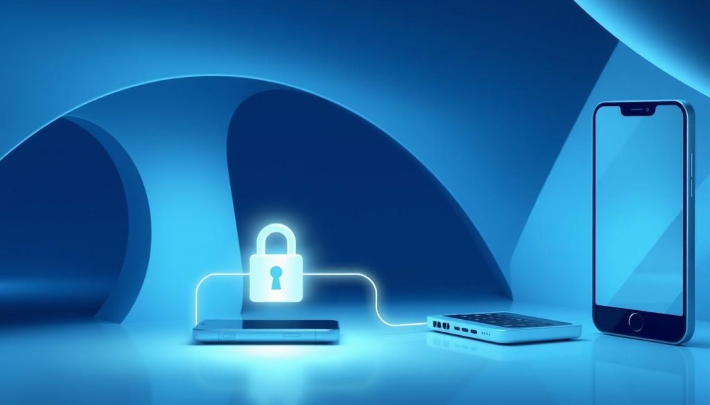 Peer-to-peer file transfer security: a sleek, modern illustration depicting a secure data exchange between two stylized mobile devices. The foreground features the devices connected by a glowing, encrypted data stream, surrounded by a soft, minimalist backdrop of abstract geometric shapes and subtle gradients. Lighting is directional, creating depth and highlighting the technical elements. The overall mood is one of trust, efficiency, and technological sophistication, reflecting the seamless, secure sharing enabled by the latest mobile platform integration.