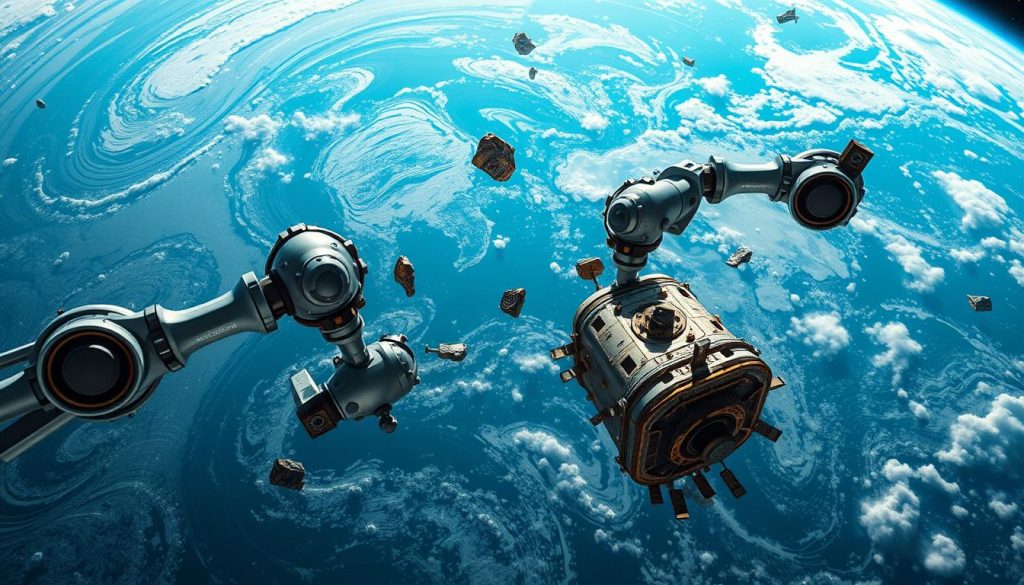 A futuristic scene depicting advanced robotic arms actively engaging in the removal of space debris in Earth's orbit. In the foreground, highlight two sleek, metallic robotic arms with intricate joints, delicately maneuvering a large piece of debris, such as an old satellite. The middle ground features a swirling expanse of stars and visible chunks of debris, showcasing a variety of objects like defunct satellites and fragments. The background reveals Earth, partially illuminated by sunlight, with vibrant blue oceans and white clouds. The atmosphere is dynamic and purposeful, with a sense of innovation and hope. Use bright, natural lighting to create a high-tech feel, captured with a wide-angle lens to emphasize the vastness of space and the complexity of the operation. A futuristic scene depicting advanced robotic arms actively engaging in the removal of space debris in Earth's orbit. In the foreground, highlight two sleek, metallic robotic arms with intricate joints, delicately maneuvering a large piece of debris, such as an old satellite. The middle ground features a swirling expanse of stars and visible chunks of debris, showcasing a variety of objects like defunct satellites and fragments. The background reveals Earth, partially illuminated by sunlight, with vibrant blue oceans and white clouds. The atmosphere is dynamic and purposeful, with a sense of innovation and hope. Use bright, natural lighting to create a high-tech feel, captured with a wide-angle lens to emphasize the vastness of space and the complexity of the operation.