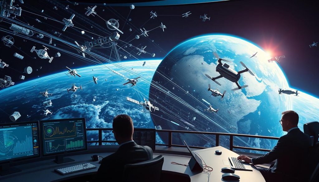 A futuristic space traffic management visualization showcasing a vibrant and detailed scene of Earth's orbit. In the foreground, a sleek control center with displays showing real-time data on various satellites and space debris, operated by professionals in business attire. The middle ground features an intricate network of spacecraft, some on collision course, while advanced drones equipped with cleaning technology are actively collecting debris. The background displays Earth with its shimmering blue oceans and swirling clouds, illuminated by a soft, ethereal glow from the sun. The atmosphere is tense yet hopeful, reflecting the urgency of managing space debris for a sustainable future, with deep blues and greens contrasting against the metallic silver of spacecraft and debris. The scene is lit by soft diffuse lighting, enhancing the high-tech, innovative environment. A futuristic space traffic management visualization showcasing a vibrant and detailed scene of Earth's orbit. In the foreground, a sleek control center with displays showing real-time data on various satellites and space debris, operated by professionals in business attire. The middle ground features an intricate network of spacecraft, some on collision course, while advanced drones equipped with cleaning technology are actively collecting debris. The background displays Earth with its shimmering blue oceans and swirling clouds, illuminated by a soft, ethereal glow from the sun. The atmosphere is tense yet hopeful, reflecting the urgency of managing space debris for a sustainable future, with deep blues and greens contrasting against the metallic silver of spacecraft and debris. The scene is lit by soft diffuse lighting, enhancing the high-tech, innovative environment.