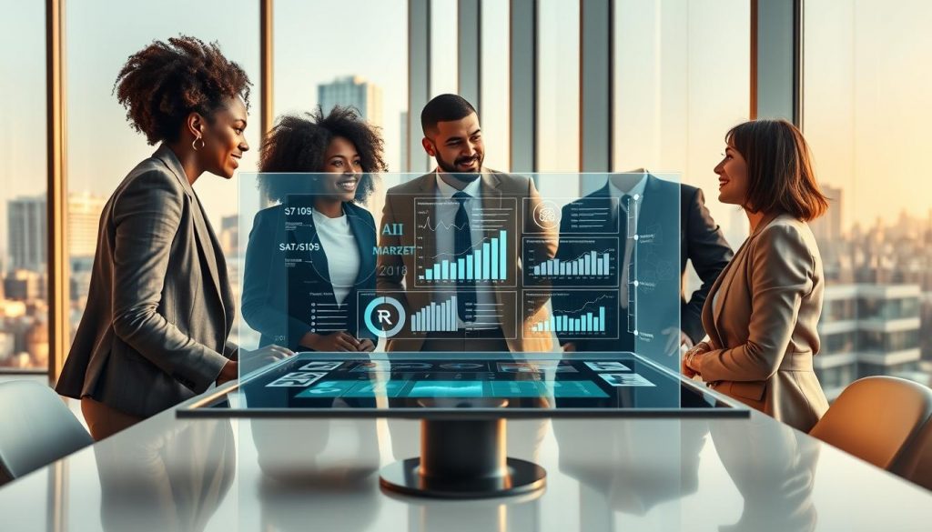 A modern corporate office meeting room, showcasing collaboration between AI and humans. In the foreground, a diverse group of three professionals in business attire—a Black woman, a Hispanic man, and a Caucasian woman—are engaged in an animated discussion around a sleek table with a holographic digital interface displaying data analytics. In the middle, a transparent screen projects visualizations of AI algorithms and market trends, symbolizing the integration of technology and human insight. The background features large windows with a city skyline, bathed in warm natural light, creating an optimistic atmosphere. The image should convey a sense of synergy, innovation, and forward-thinking, with a focus on teamwork balancing human creativity and AI efficiency. The angle is slightly elevated, providing a comprehensive view of the dynamic environment.
