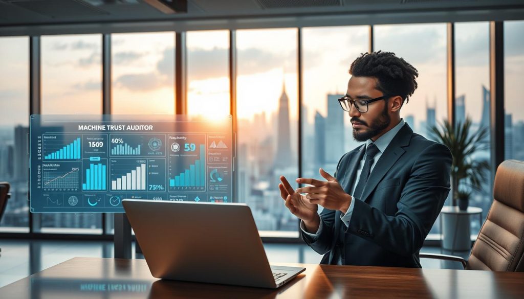 A modern office environment depicting a human Machine Trust Auditor engaged in risk management strategies involving AI technology. In the foreground, a diverse professional, dressed in smart business attire, analyzes data on a sleek laptop while discussing insights with a digital assistant hologram that displays risk metrics. The middle ground features a large, interactive display board with graphs and analytics related to business AI applications. In the background, panoramic windows reveal a futuristic city skyline, illuminated by soft morning light that casts a warm glow in the room. The atmosphere is focused and collaborative, emphasizing the importance of human oversight in AI systems. The shot is taken from an angle that captures the auditor’s concentration and the dynamic technological environment around them. A modern office environment depicting a human Machine Trust Auditor engaged in risk management strategies involving AI technology. In the foreground, a diverse professional, dressed in smart business attire, analyzes data on a sleek laptop while discussing insights with a digital assistant hologram that displays risk metrics. The middle ground features a large, interactive display board with graphs and analytics related to business AI applications. In the background, panoramic windows reveal a futuristic city skyline, illuminated by soft morning light that casts a warm glow in the room. The atmosphere is focused and collaborative, emphasizing the importance of human oversight in AI systems. The shot is taken from an angle that captures the auditor’s concentration and the dynamic technological environment around them.