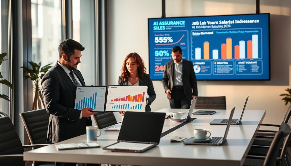 A modern office environment, showcasing a diverse group of AI assurance professionals analyzing salary trends and market demand data. In the foreground, a male and female professional in business attire are examining charts on a digital tablet, displaying graphical salary trends and statistics related to AI assurance roles. In the middle, a sleek conference table is cluttered with laptops, notepads, and coffee cups, while a large digital screen in the background projects a dynamic infographic illustrating job market growth and salary forecasts for 2026. Soft natural lighting from large windows casts a warm ambiance, with an emphasis on professionalism and collaboration. The atmosphere is focused and energetic, indicating a forward-thinking approach to the evolving job landscape. A modern office environment, showcasing a diverse group of AI assurance professionals analyzing salary trends and market demand data. In the foreground, a male and female professional in business attire are examining charts on a digital tablet, displaying graphical salary trends and statistics related to AI assurance roles. In the middle, a sleek conference table is cluttered with laptops, notepads, and coffee cups, while a large digital screen in the background projects a dynamic infographic illustrating job market growth and salary forecasts for 2026. Soft natural lighting from large windows casts a warm ambiance, with an emphasis on professionalism and collaboration. The atmosphere is focused and energetic, indicating a forward-thinking approach to the evolving job landscape.