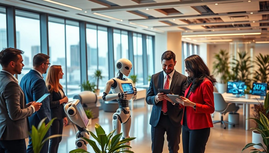 A modern office environment showcasing the concept of AI workforce transformation. In the foreground, a diverse group of professionals in business attire engage in collaborative discussions, utilizing advanced technology like tablets and holographic displays. In the middle ground, robotic assistants and AI interfaces assist employees in reskilling sessions, set against sleek, futuristic workspaces filled with plants and natural light. The background features large windows revealing a city skyline, symbolizing the evolving job market. The lighting is bright and inviting, conveying a sense of optimism and innovation. The atmosphere is dynamic and forward-thinking, encapsulating the spirit of adaptation in a changing economic landscape.