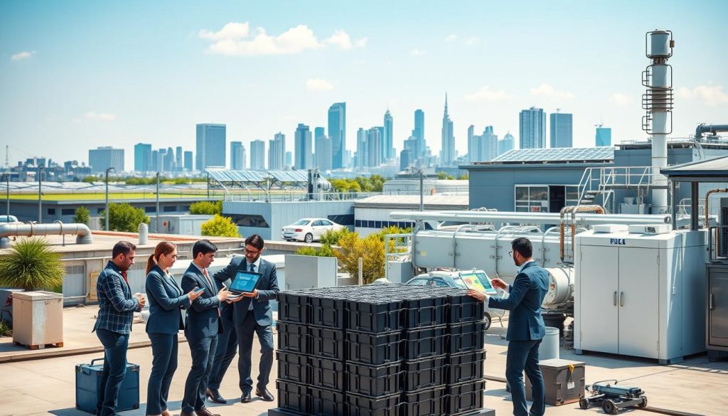 A vibrant scene depicting the lifecycle of second-life batteries in a modern urban setting. In the foreground, showcase a diverse group of engineers in professional business attire, collaborating around a large second-life battery stack, surrounded by tools and digital displays illustrating data analytics. The middle ground features a clean, high-tech battery refinery, with machinery processing used electric vehicle batteries into second-life applications. In the background, an eco-friendly city skyline with green roofs and solar panels under a clear blue sky. Soft, natural lighting creates an optimistic atmosphere, suggesting innovation and sustainability. The angle should be slightly elevated, providing a comprehensive view of this interconnected ecosystem, emphasizing the role of second-life batteries in promoting a greener future. A vibrant scene depicting the lifecycle of second-life batteries in a modern urban setting. In the foreground, showcase a diverse group of engineers in professional business attire, collaborating around a large second-life battery stack, surrounded by tools and digital displays illustrating data analytics. The middle ground features a clean, high-tech battery refinery, with machinery processing used electric vehicle batteries into second-life applications. In the background, an eco-friendly city skyline with green roofs and solar panels under a clear blue sky. Soft, natural lighting creates an optimistic atmosphere, suggesting innovation and sustainability. The angle should be slightly elevated, providing a comprehensive view of this interconnected ecosystem, emphasizing the role of second-life batteries in promoting a greener future.